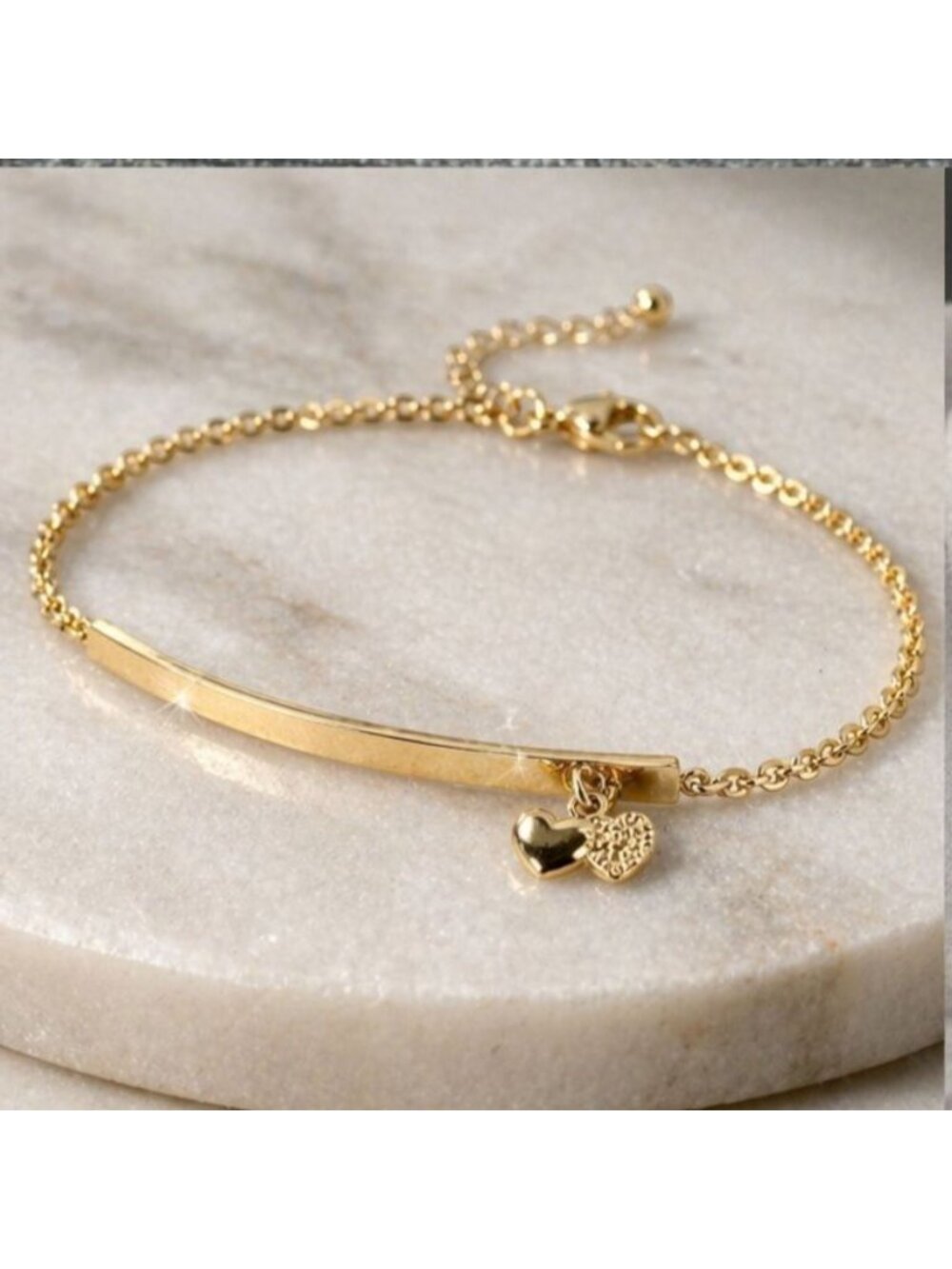 Vintage Gold Tone Heart Charm Bracelet Dainty Bar Chain 7.25" New Old Stock 90s